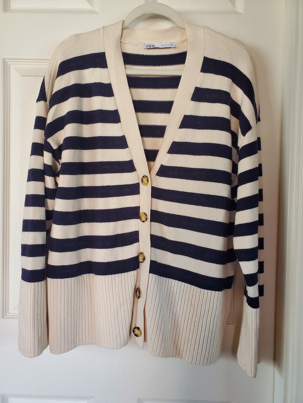 Zara Striped V-neck Buttoned Knit Cardigan Nautical Preppy Oversized Medium